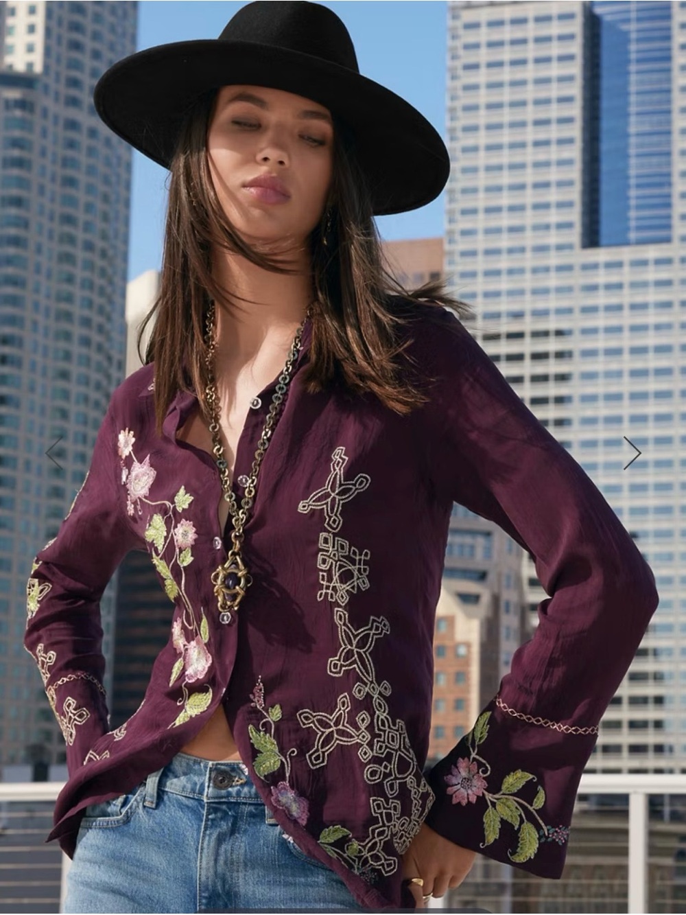 Johnny Was Deep Plum Button-Down Shirt with Floral Metallic Embroidery